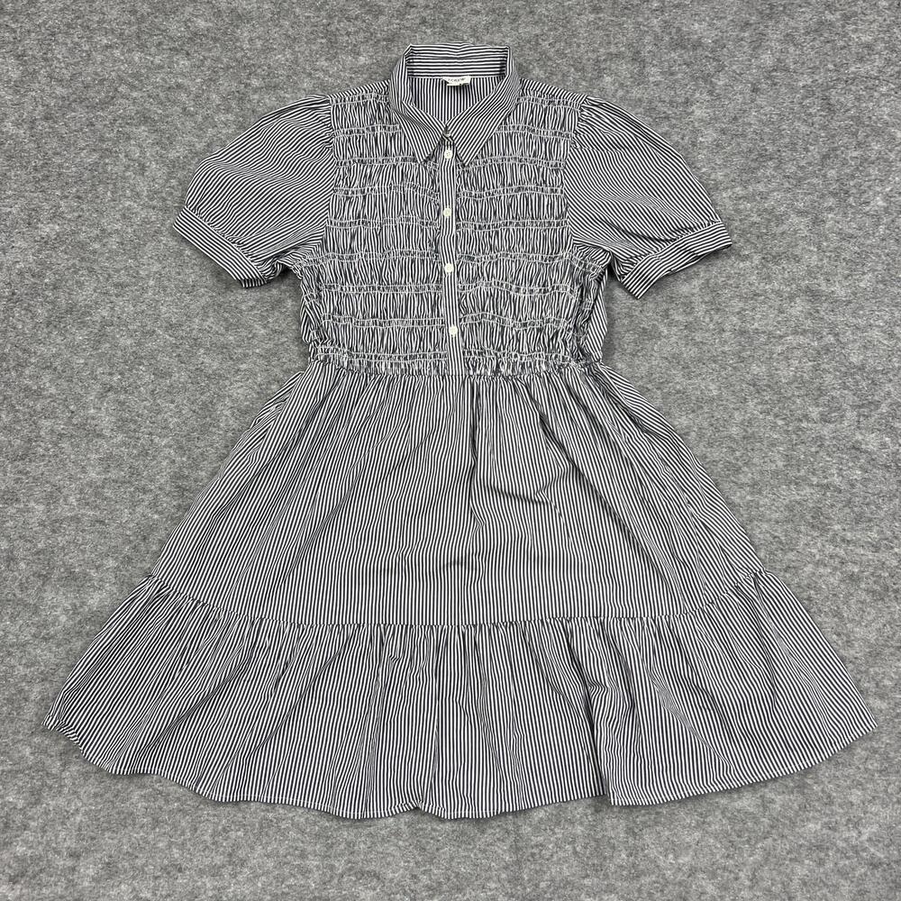 J CREW Dress Womens M Blue Striped Shirt Dress Smocked Collared Puff Sleeve
